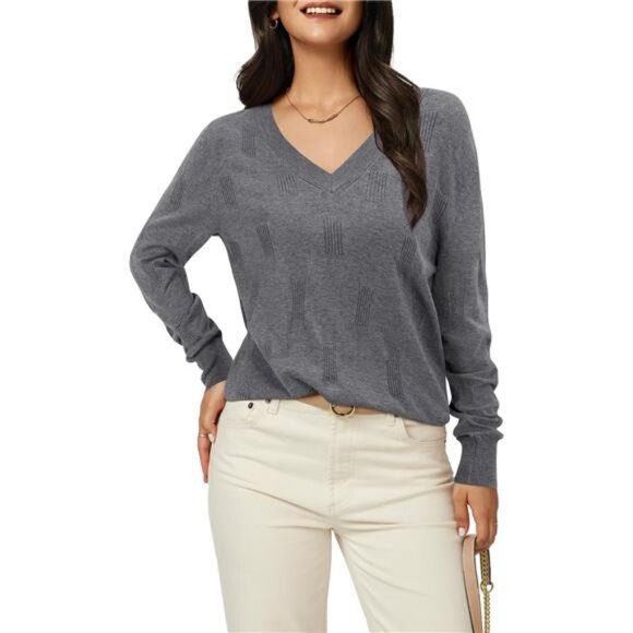 Women's Fall Tops Fashion V Neck Long Sleeve Blouse Knitted Pullover Sweater - Picture 2 of 5